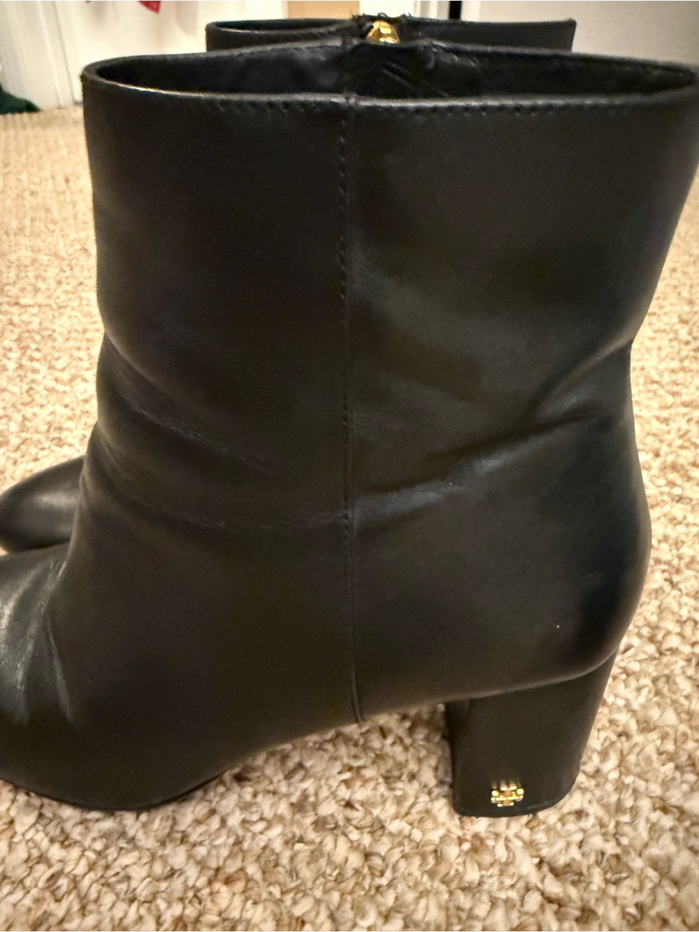 Tory Burch Black Leather Ankle Booties with Gold Logo Accent